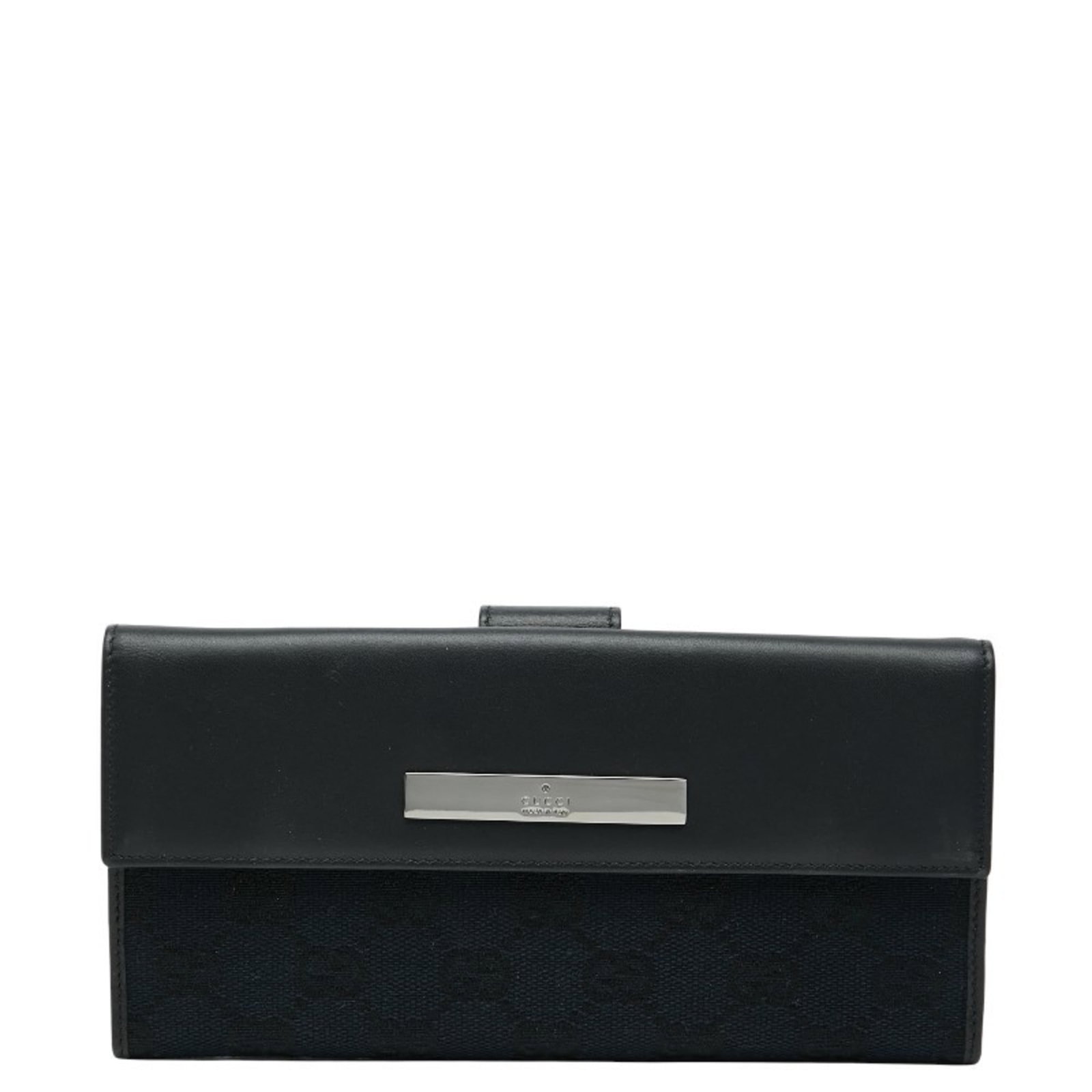 Gucci Long Wallet (Bi-Fold) Canvas Leather: Gucci Long Wallet (Bi-Fold) Canvas Leather Canvas and leather combine in this Gucci long wallet, featuring a bi-fold design with classic style. The black color provides a sleek look, while the navy op