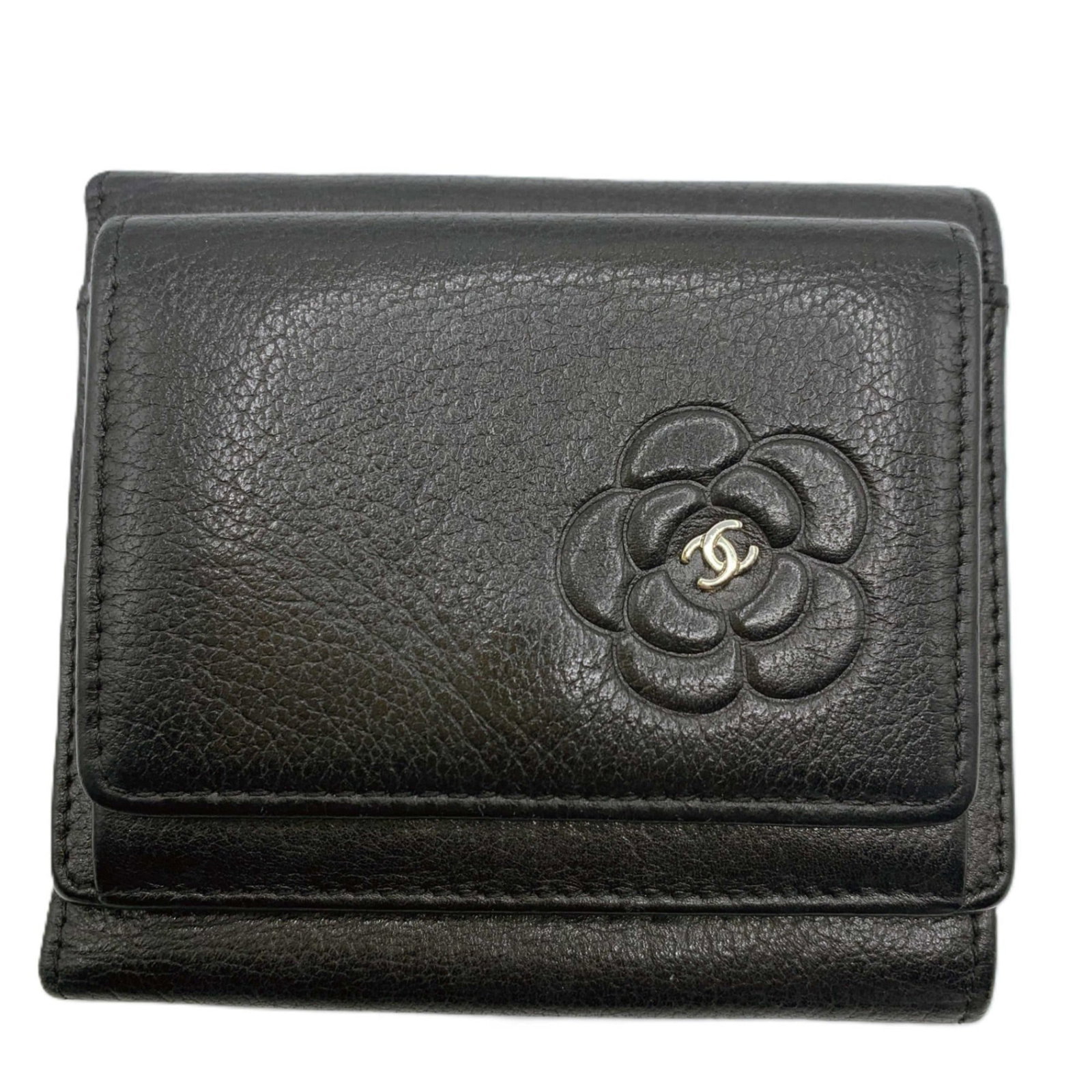 Chanel Wallet (Tri-Fold) Leather: Chanel Wallet (Tri-Fold) Leather This black Chanel tri-fold wallet features lambskin leather and has a classic design. With its compact size and sturdy construction, it remains a practical and stylish