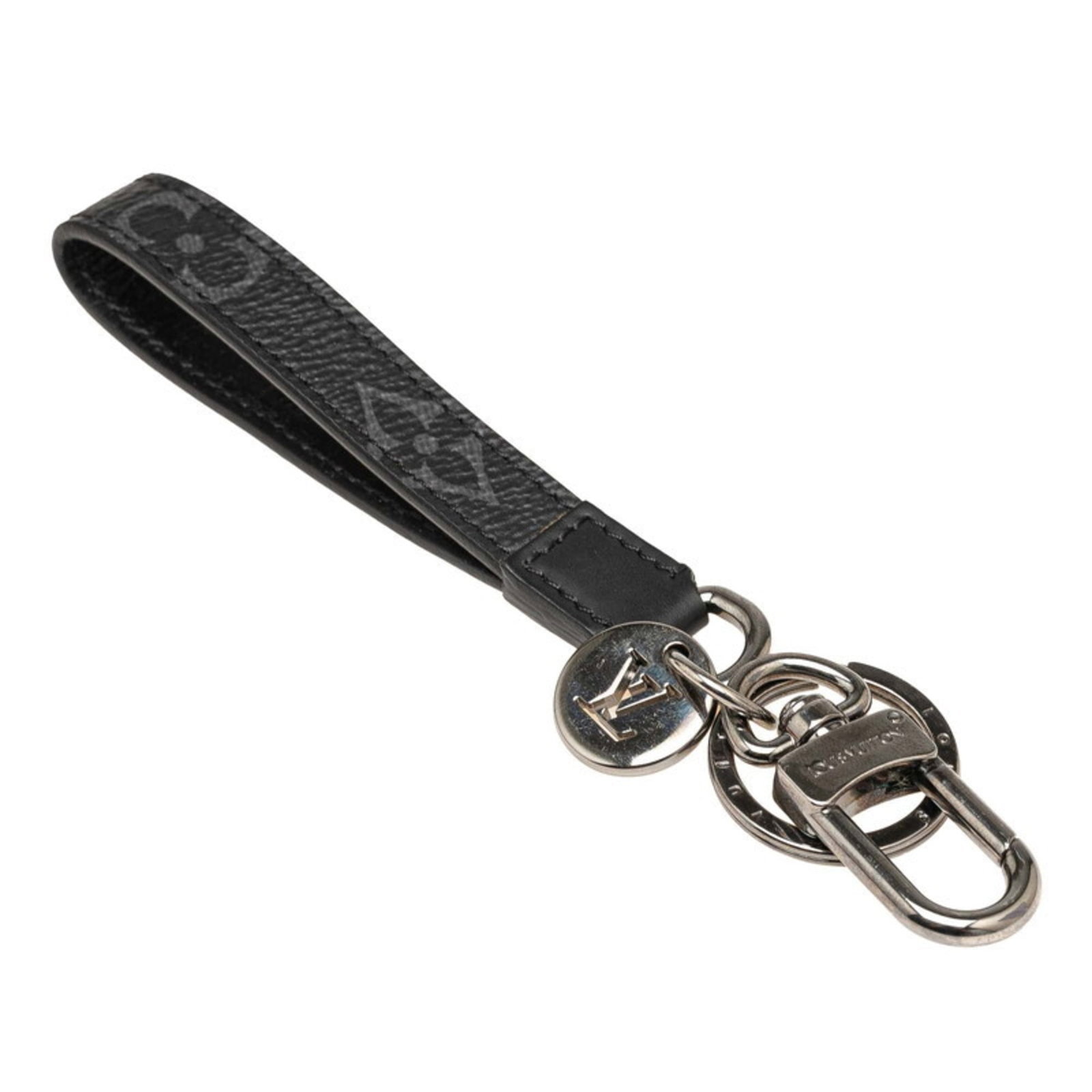 Louis Vuitton Keyring Leather: Louis Vuitton Keyring Leather This Louis Vuitton keyring leather features black leather material and measures 10.5cm x 1.5cm in size. With some traces of usage visible, including scratches and dirt, t