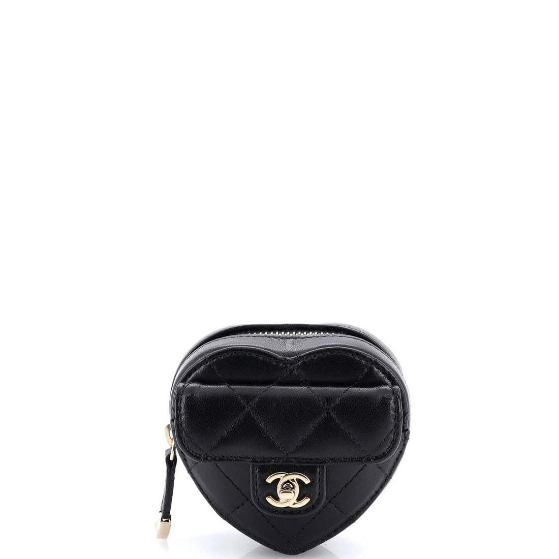 Love Heart Arm Zip Coin Purse by Chanel: Love Heart Arm Zip Coin Purse by Chanel The Love Heart Arm Zip Coin Purse by Chanel boasts a sleek and sophisticated design with quilted lambskin exterior in black. A gold tone zip coin purse adds a