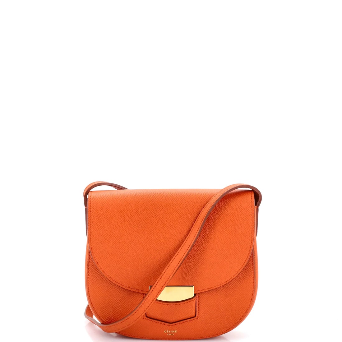 Crossbody Bag Small Grainy Leather Trotteur Celine: Crossbody Bag Small Grainy Leather Trotteur Celine The Celine Trotteur Crossbody Bag in grainy leather offers a unique touch to your everyday essentials. With its vibrant orange exterior and gold hard