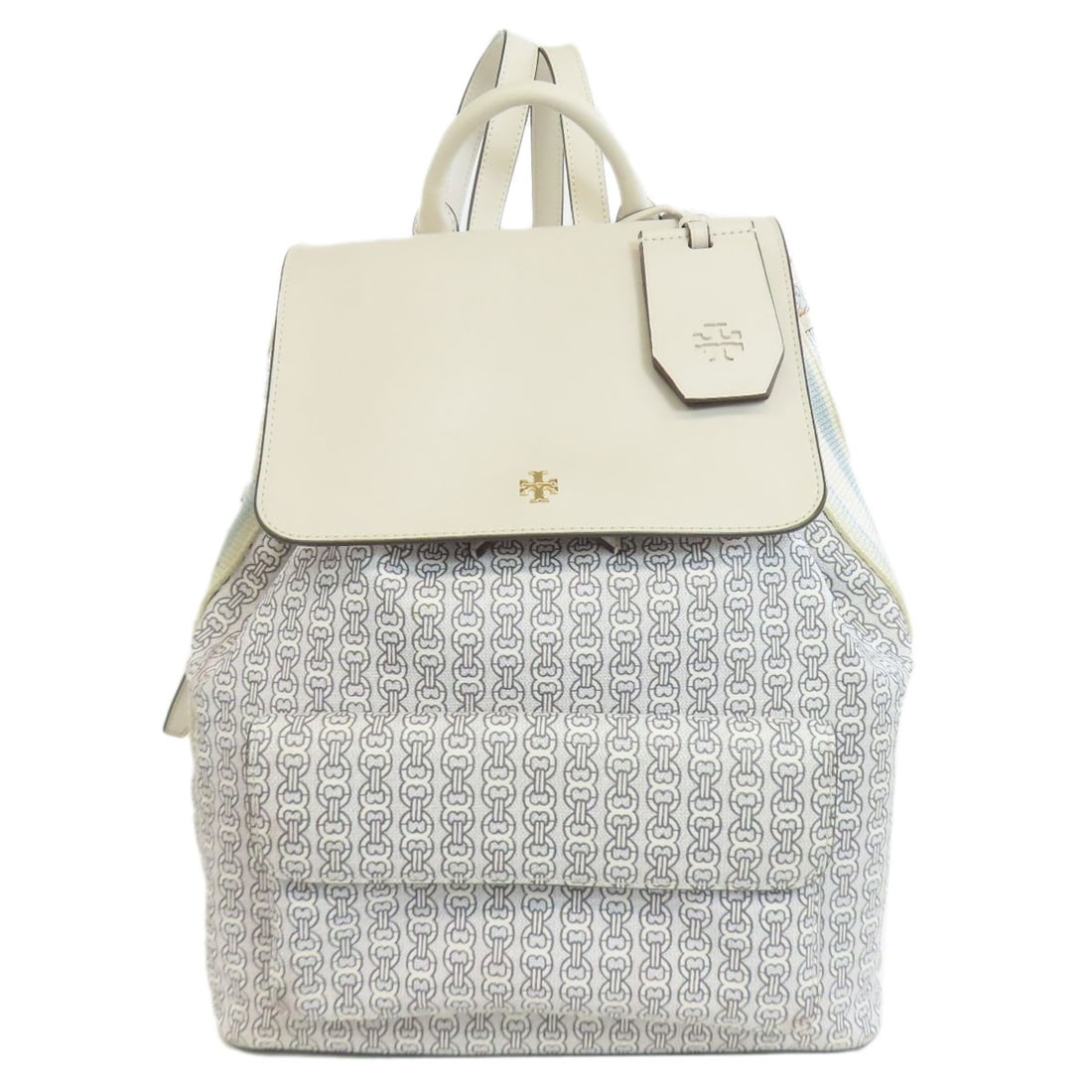 Pvc Backpack Logo Daypack Tory Burch: Pvc Backpack Logo Daypack Tory Burch White and blue PVC backpack with Tory Burch logo. Features a bold design and durable exterior material. A stylish daypack option for everyday use. Item Specifics: