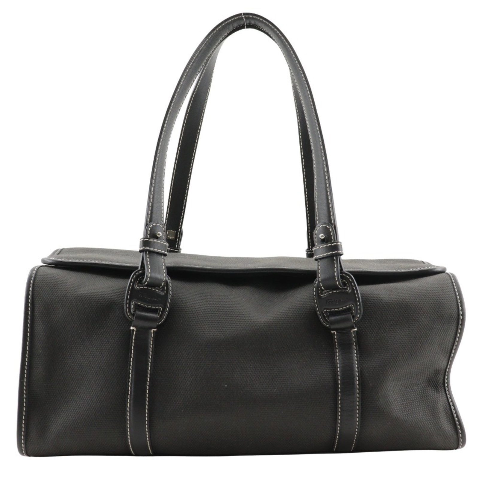 Salvatore Ferragamo Handbag Canvas: Salvatore Ferragamo Handbag Canvas This Salvatore Ferragamo canvas handbag boasts a sleek black design with a classic silhouette. Measuring 15cm x 33cm x 14cm, its spacious interior and sturdy build m