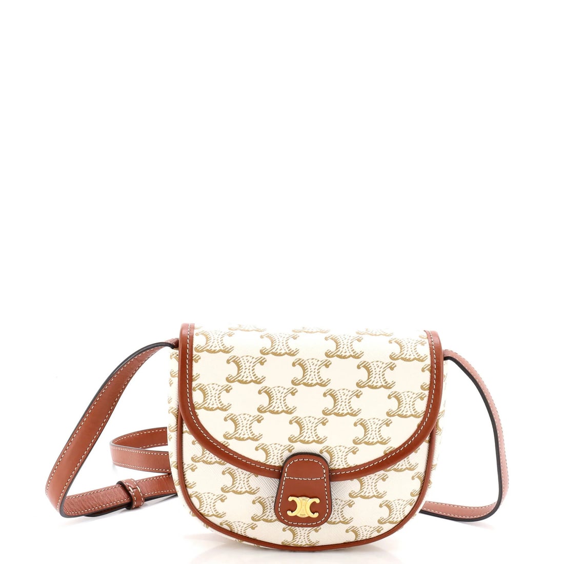 Triomphe Coated Canvas Celine Mini Besace Flap Bag: Triomphe Coated Canvas Celine Mini Besace Flap Bag The Triomphe Coated Canvas Celine Mini Besace Flap Bag features a neutral exterior with minor creases and a gold hardware finish. This compact cross-