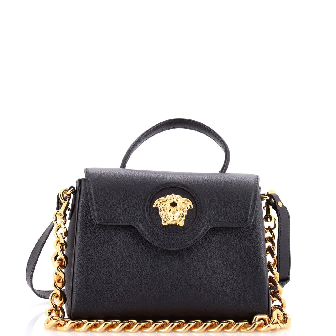 Top handle bag medium leather Versace: Top handle bag medium leather Versace Versace's iconic La Medusa top handle bag boasts sleek black leather exterior with gold hardware. Measuring 6.5" in height and 9.5" in width, this medium-sized ba