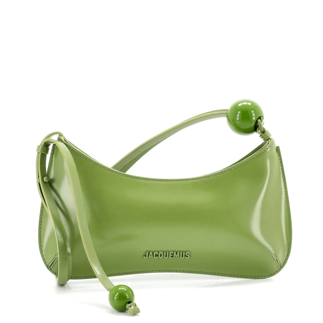 Perle Bisou Jacquemus Le Leather Shoulder Bag: Perle Bisou Jacquemus Le Leather Shoulder Bag The Jacquemus Le Bisou Perle Shoulder Bag boasts a striking green leather exterior with minor scuffs and creases. This stylish shoulder bag features