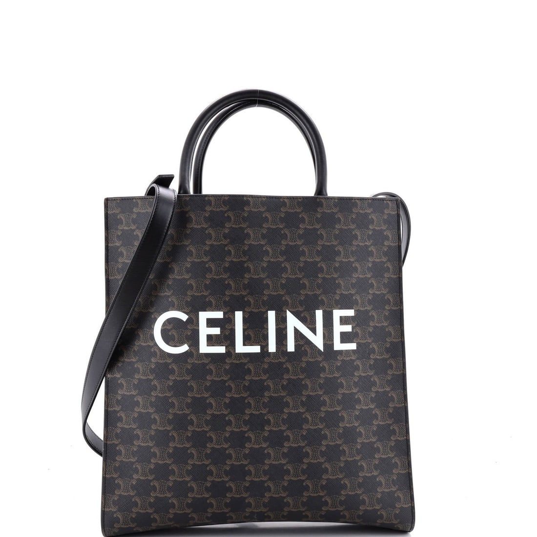 Vertical coated canvas cabas tote medium triomphe: Vertical coated canvas cabas tote medium triomphe The Vertical Cabas Tote Triomphe Coated Canvas Medium features a sturdy canvas exterior with minor edge wear and corner wear. This medium-sized tote b