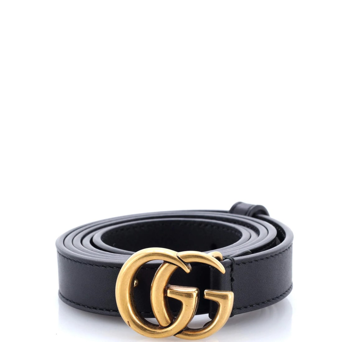 Gucci Thin Leather Belt Marmont GG: Gucci Thin Leather Belt Marmont GG Black Gucci Thin Leather Belt Marmont GG features a sleek design with aged gold hardware. The belt's exterior and interior are made of high-quality leather, while it