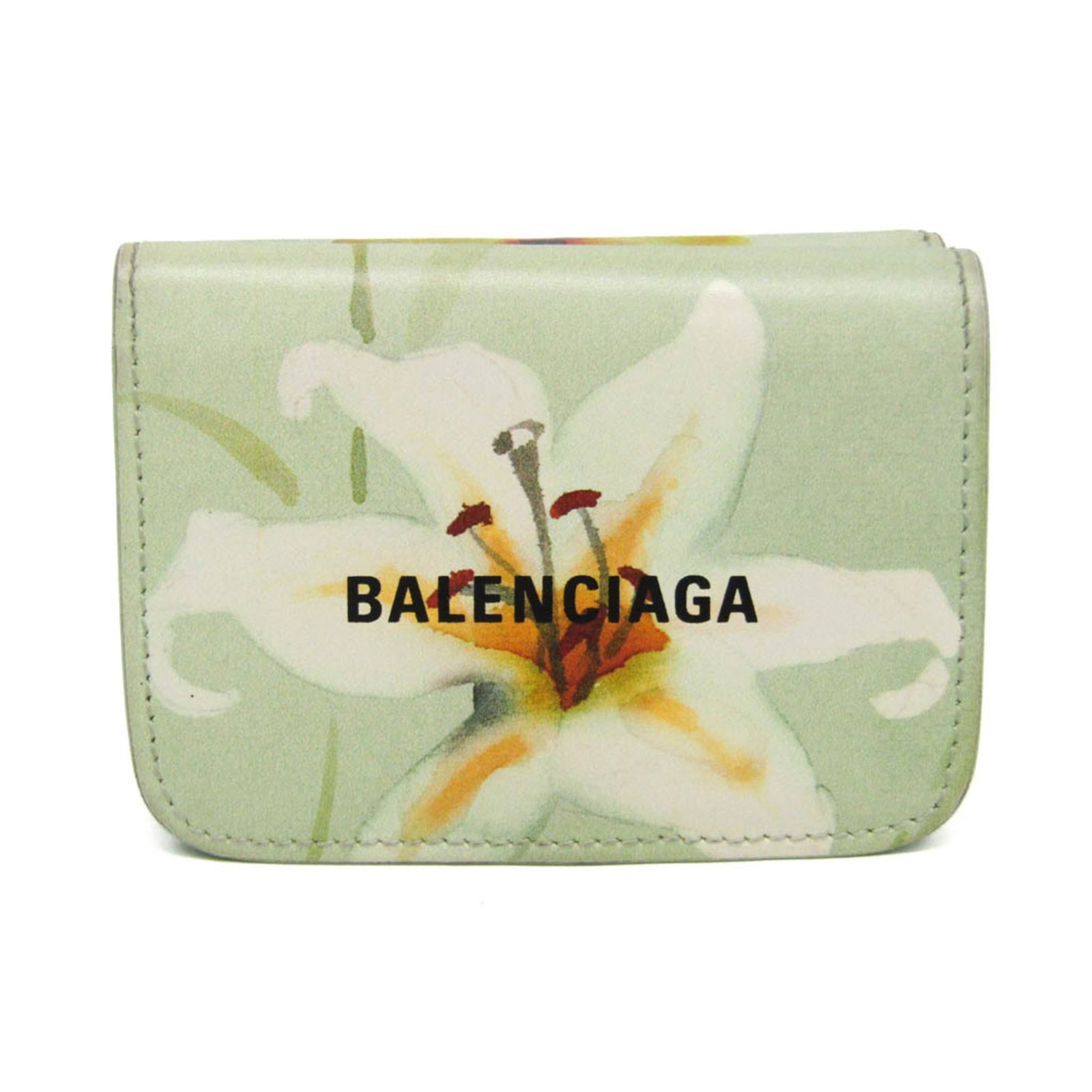 Balenciaga Wallet (Tri-Fold) Leather: Balenciaga Wallet (Tri-Fold) Leather Light green and white botanical print leather wraps around a sleek tri-fold design, featuring a snap fastener closure and inner coin purse. The wallet boasts