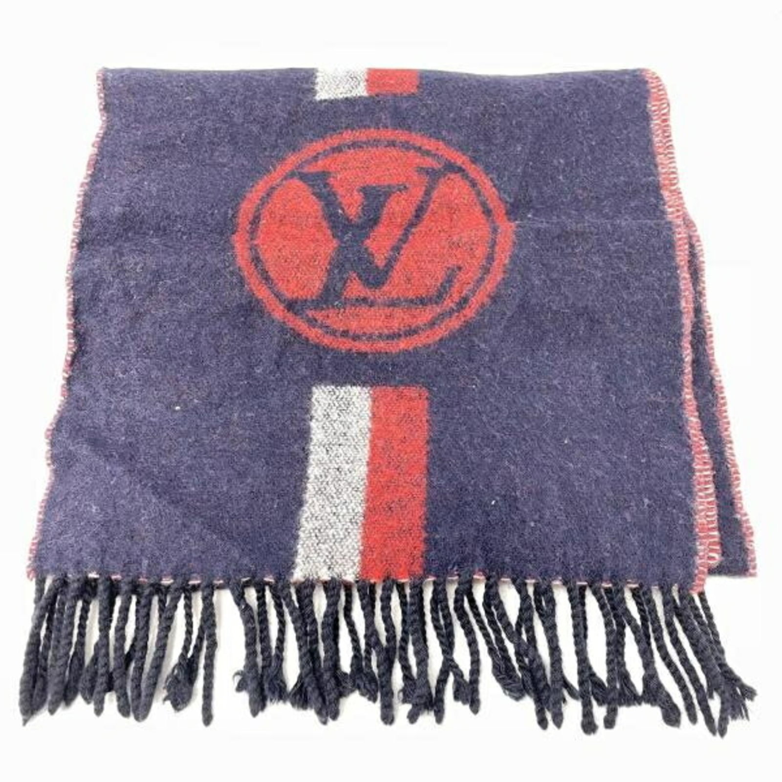 Louis Vuitton Stole: Louis Vuitton Stole Navy and red hues beautifully complement each other in this Louis Vuitton stole. Measuring 1.78m x 28cm, its unique size makes it perfect for adding a pop of style to any outfit. W