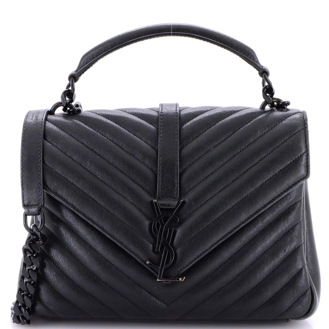 Leather Matelasse Chevron Classic Medium College Bag Monogram Saint: Leather Matelasse Chevron Classic Medium College Bag Monogram Saint Black leather Saint Laurent Classic Monogram College Bag features a matelasse chevron design and medium size. The bag has heavy corn