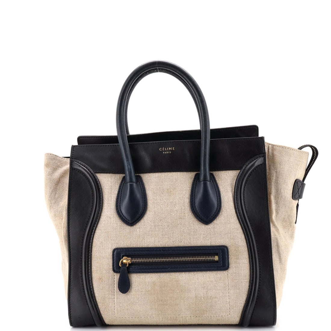 Strict Rules Use Only Canvas Leather Bag Small: Strict Rules Use Only Canvas Leather Bag Small This Celine mini leather bag features a neutral exterior with heavy cracking on corners and scuffs, giving it a worn, vintage look. The canvas and