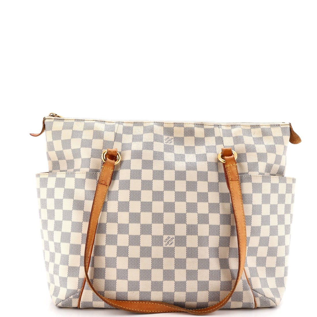 Louis Vuitton Damier MM Handbag: Louis Vuitton Damier MM Handbag White Louis Vuitton Damier MM Tote with heavy edge wear, scuffs, corner wear, and discoloration. This canvas-coated handbag features gold hardware and measures 11.5" ta