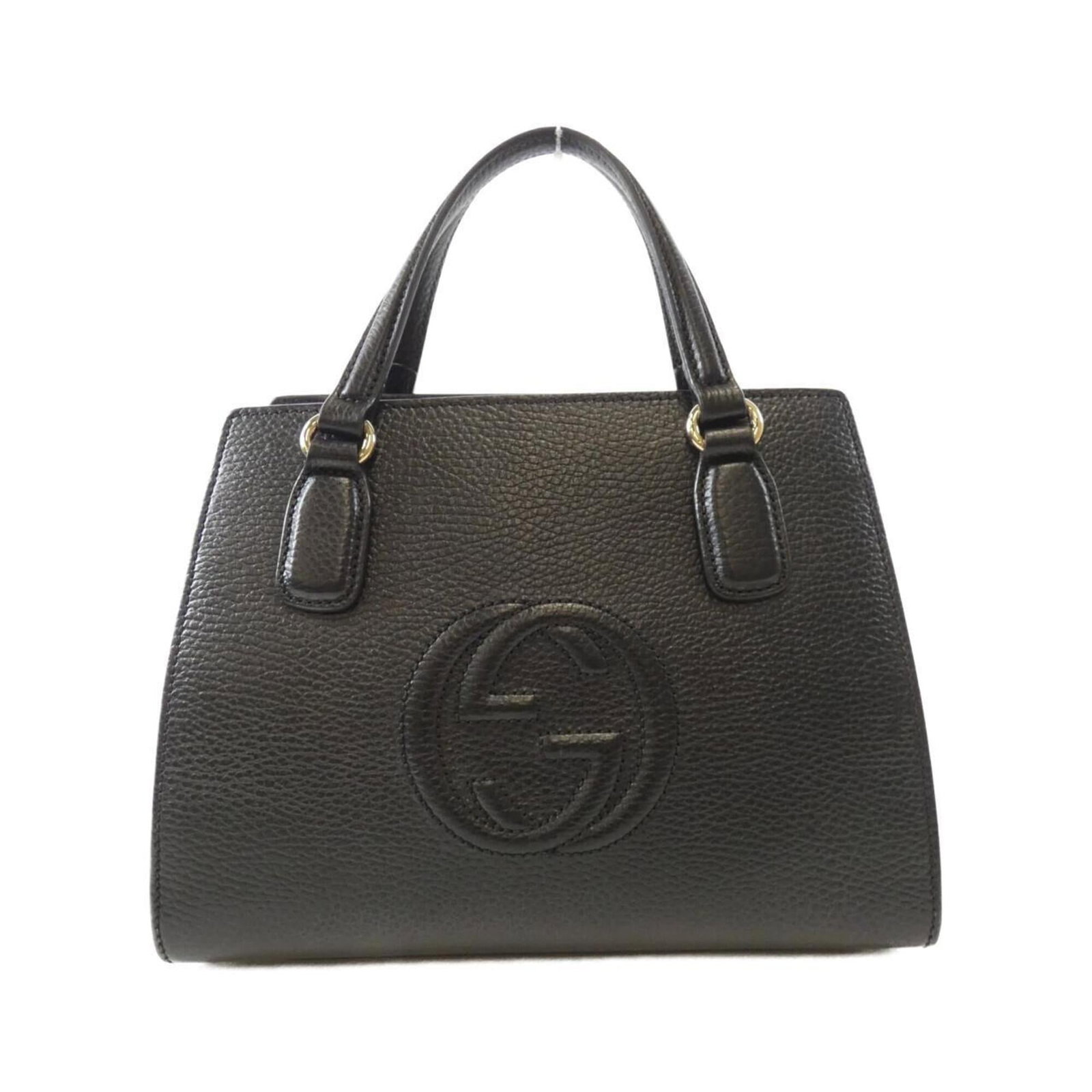 Gucci Handbag Leather: Gucci Handbag Leather Black Gucci handbag made from high-quality leather. The bag features a classic design with some minor scratches and dirt, giving it a worn-in look. Its size is suitable for