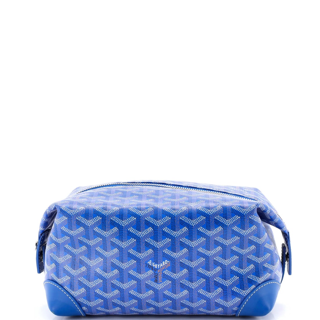 Coated canvas pouch for toilette from Goyard and Boeing: Coated canvas pouch for toilette from Goyard and Boeing Goyard's iconic Trousse de Toilette Pouch in blue canvas features a sturdy design with silver hardware. The exterior boasts heavy wear on base c