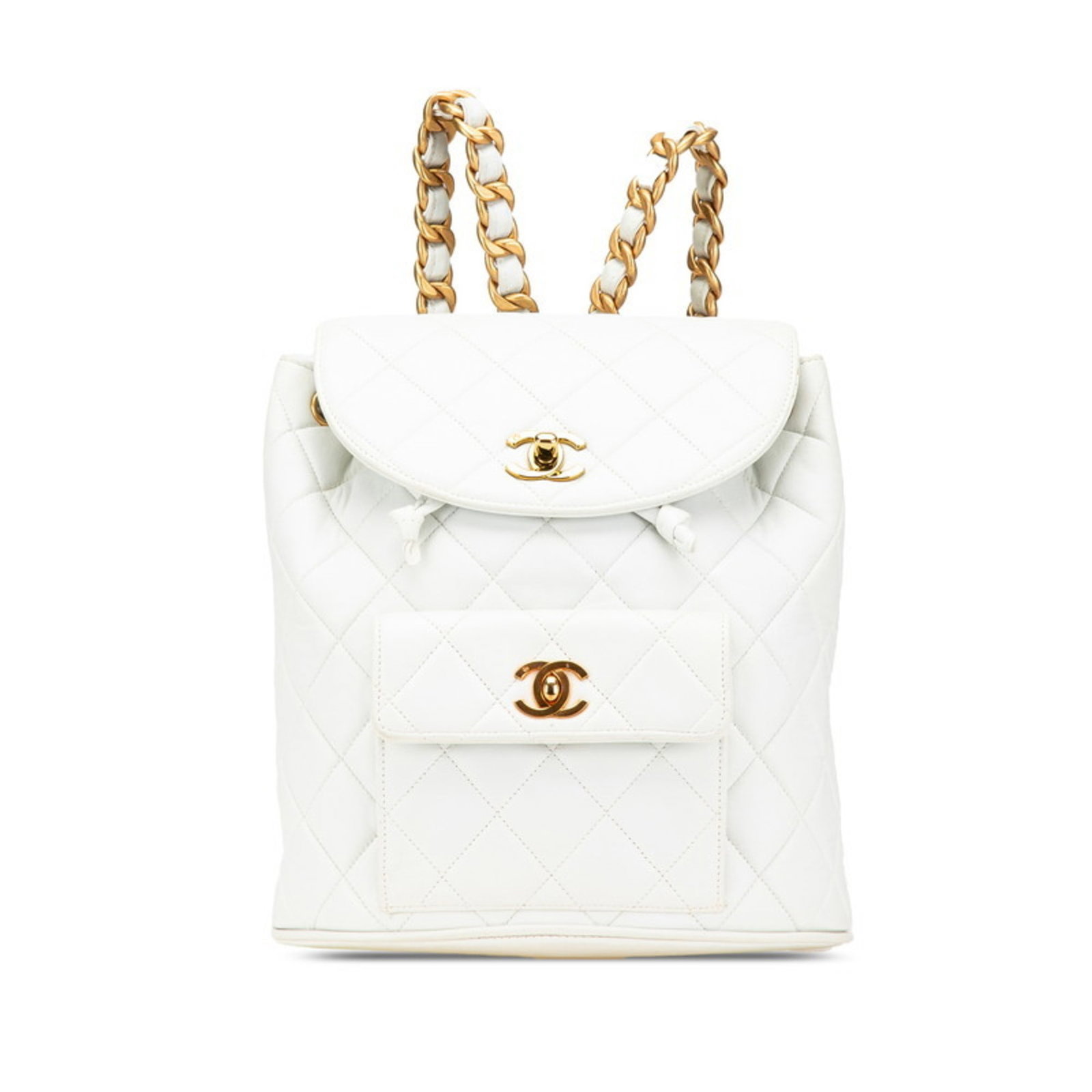 Chanel Backpack Leather: Chanel Backpack Leather This classic Chanel backpack is crafted from high-quality lambskin leather in pristine white. With its timeless design and sturdy construction, this bag has been well-loved and
