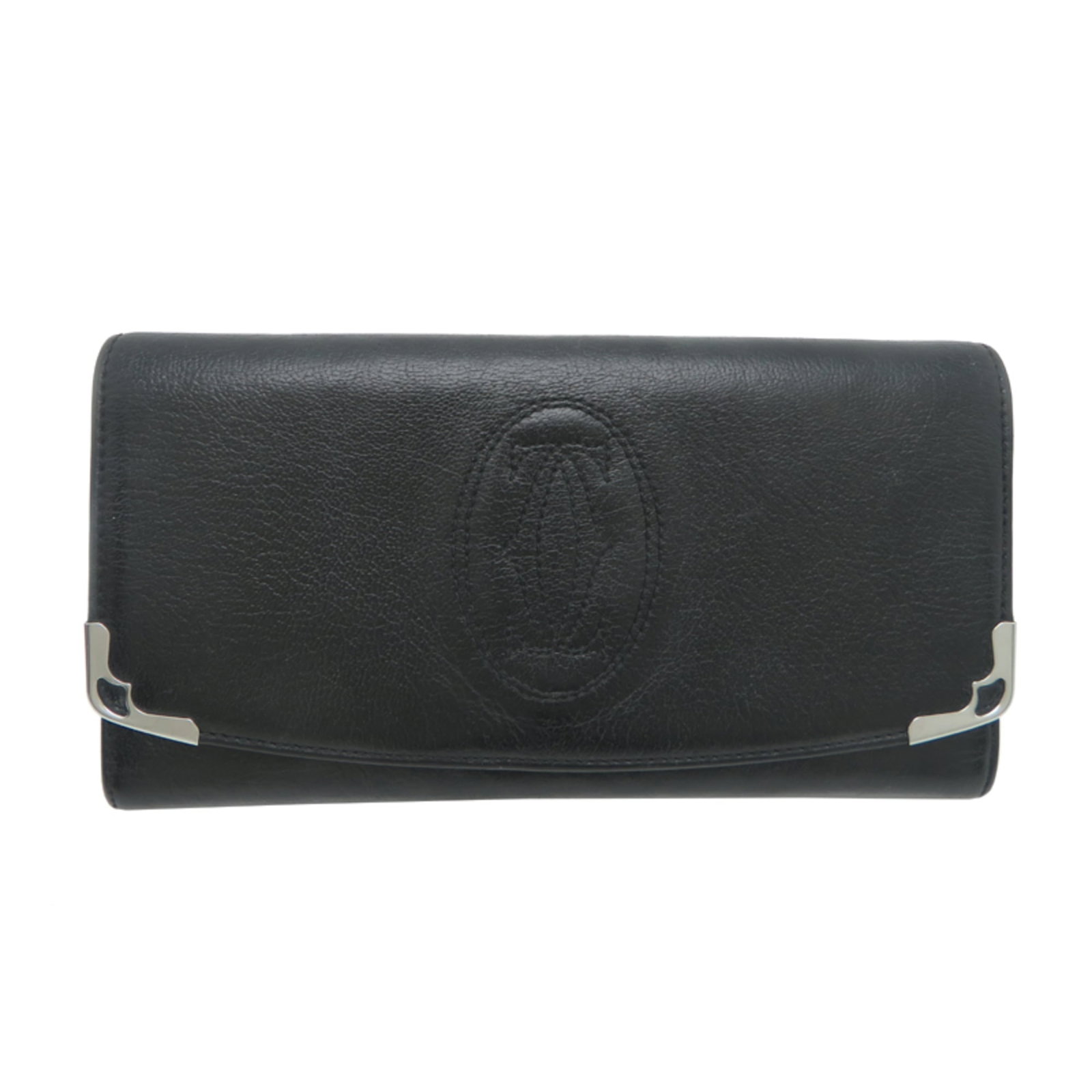 Cartier Long Wallet (Bi-Fold) Leather: Cartier Long Wallet (Bi-Fold) Leather Cartier's iconic long wallet features a sleek bi-fold design in rich black calfskin leather. With its classic proportions and timeless style, this used Cartier Lo