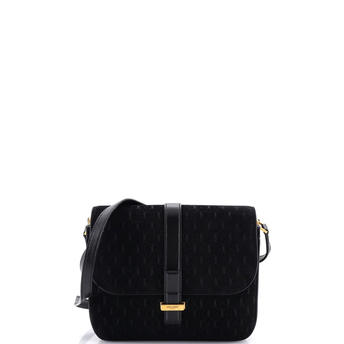 Monogram All Over Suede Small Saint Laurent Top Flap Satchel: Monogram All Over Suede Small Saint Laurent Top Flap Satchel Suede exterior with monogram all over design adds an edgy touch to this small Saint Laurent Top Flap Satchel. The bag features heavy scuffs