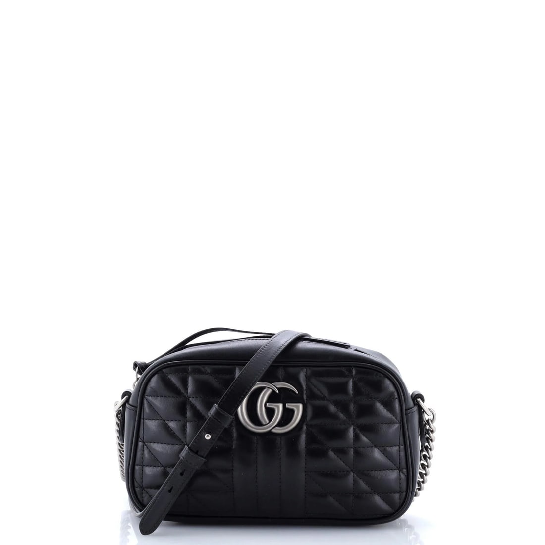 Small mixed leather matelasse bag from Gucci: Small mixed leather matelasse bag from Gucci Small Gucci GG Marmont Shoulder Bag in Black features mixed matelasse leather exterior with scuffs and minor edge wear. The bag's neutral interior and