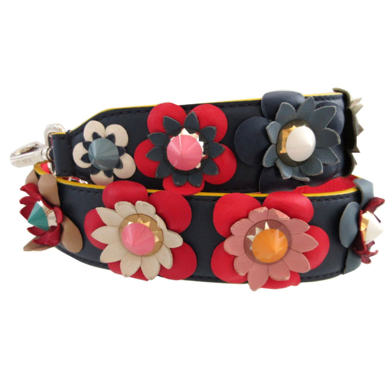 Fendi Strap Leather: Fendi Strap Leather The Fendi Strap Leather is a vibrant multi-color design with a navy accent, featuring a 90.5cm long strap made from high-quality leather. With its unique color scheme and classic s