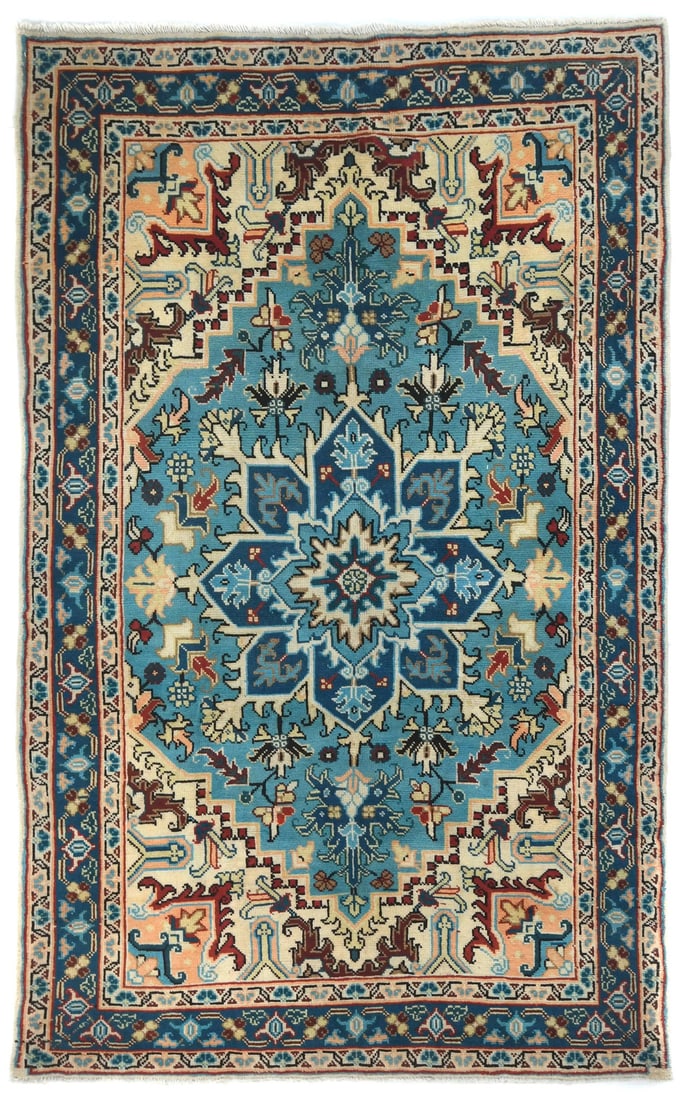 Vintage Floral Carpet One of a Kind: Vintage Floral Carpet One of a Kind Hand-knotted in wool, this vintage floral area rug boasts a unique blend of blue, cream, red, and beige hues. With its normal pile type and all-natural materials, i