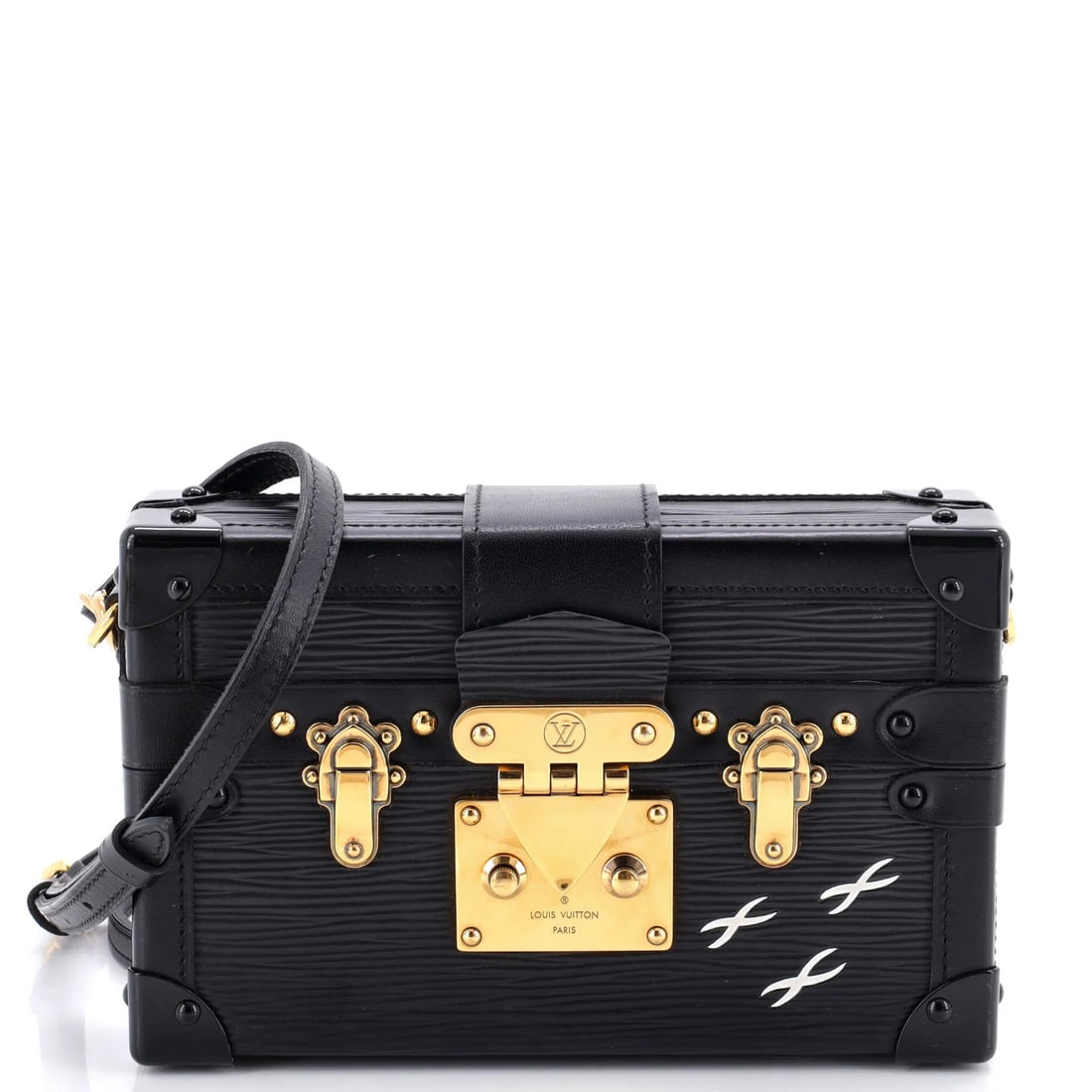 Malle Epi Leather Handbag Petite Louis Vuitton: Malle Epi Leather Handbag Petite Louis Vuitton The Malle Epi Leather Petite Louis Vuitton handbag boasts a sleek black exterior with gold hardware, featuring a neutral interior and cracking gold accen