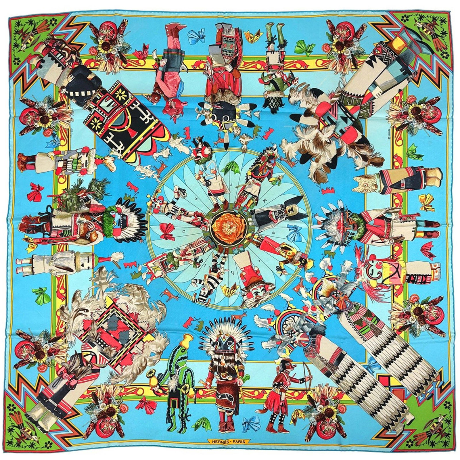 Hermes Scarf Silk: Hermes Scarf Silk Silk from the renowned French fashion house Hermes, this multi-colored scarf boasts a unique blend of style and elegance. Measuring 88cm x 87cm, its light blue hue adds a touch of so