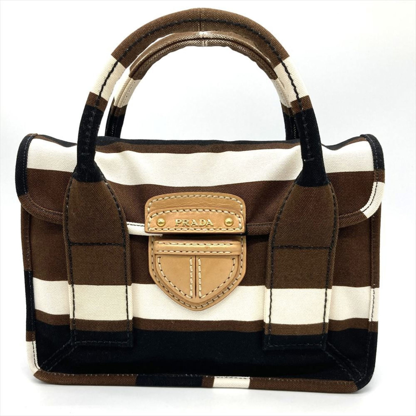 Prada Handbag Canvas: Prada Handbag Canvas The Prada Handbag Canvas is a unique, used brown and multi-color canvas handbag with visible traces of usage. Measuring 20cm x 28.5cm x 11cm, this handbag has scratches and dirt b
