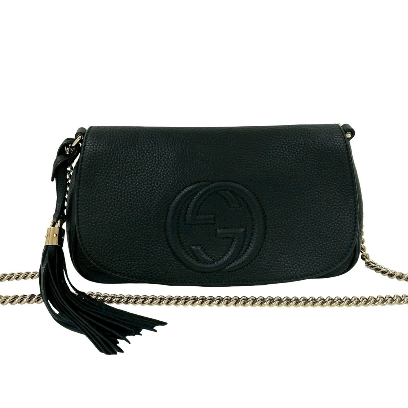 Gucci Pochette Shoulder Bag Leather: Gucci Pochette Shoulder Bag Leather This Gucci Pochette Shoulder Bag Leather in black features a classic design with a timeless silhouette. The bag has been used and shows signs of wear, including scr