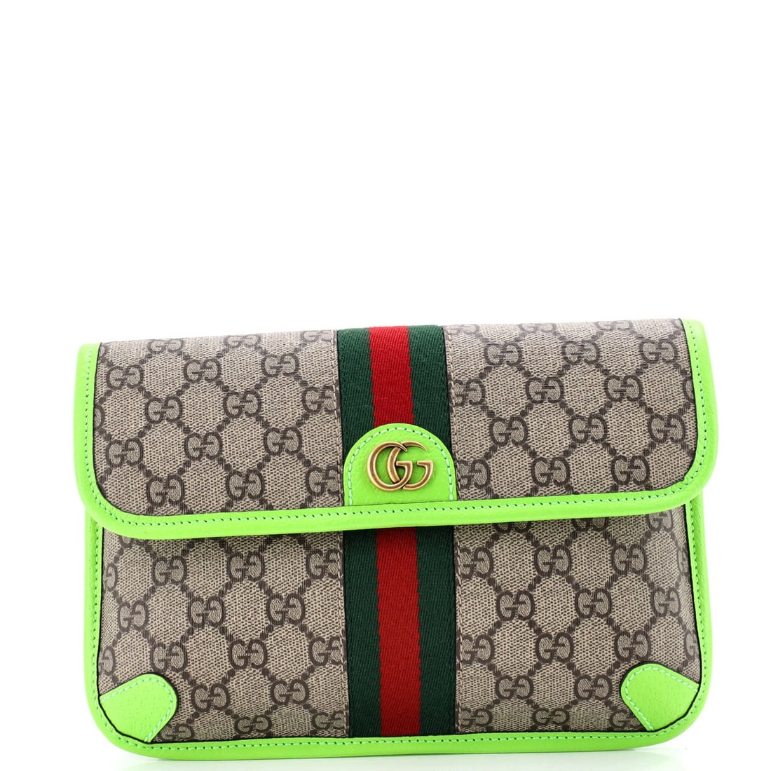 Stitch Canvas Leather Belt Bag Flap GG Coated Gucci: Stitch Canvas Leather Belt Bag Flap GG Coated Gucci Stitched with iconic Gucci flair, this Ophidia Flap Belt Bag boasts a unique canvas-coated leather exterior in striking green hues. The bag's sturdy