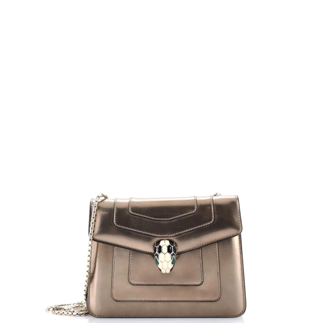 Bvlgari Serpenti Square Bag Forever Small Leather: Bvlgari Serpenti Square Bag Forever Small Leather The Bvlgari Serpenti Square Bag Forever Small Leather features patent leather exterior in gold, with a striking metallic finish. This small shoulder b