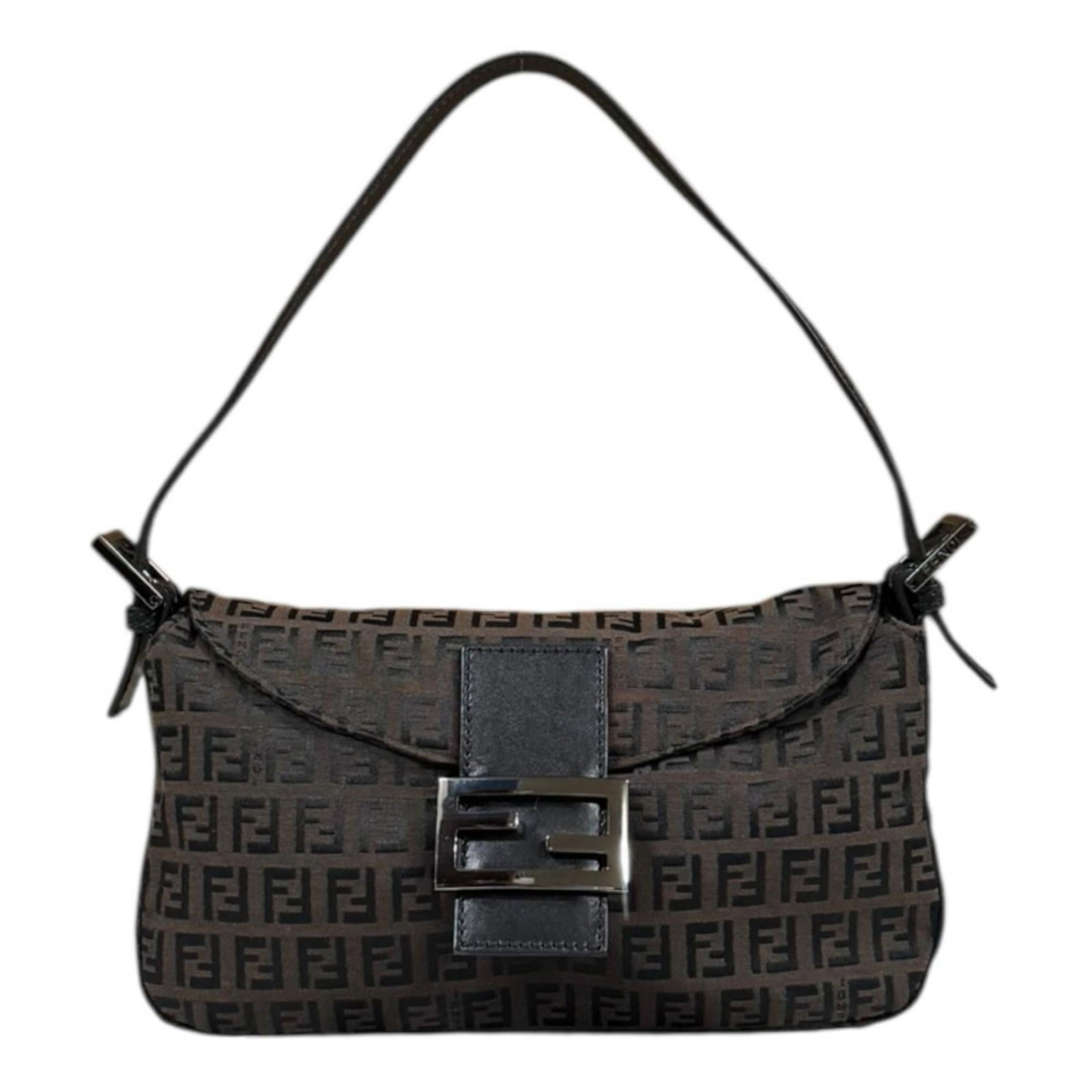 Fendi Handbag Canvas Leather: Fendi Handbag Canvas Leather Canvas and leather come together in this Fendi handbag, with brown tones adding warmth to its design. The bag's canvas and leather materials are slightly worn from use, sh