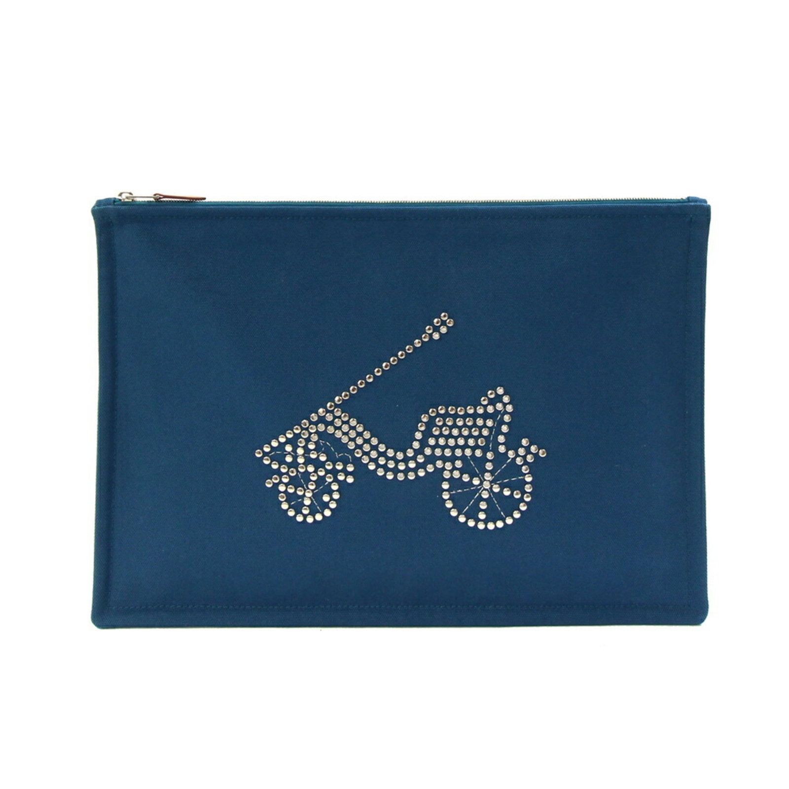 Hermes Pouch Cotton Canvas: Hermes Pouch Cotton Canvas Blue Hermes Pouch Cotton Canvas for sale. This used pouch features cotton canvas material and measures 23.5cm x 34cm in size. It has some scratches and dirt, but remains in 
