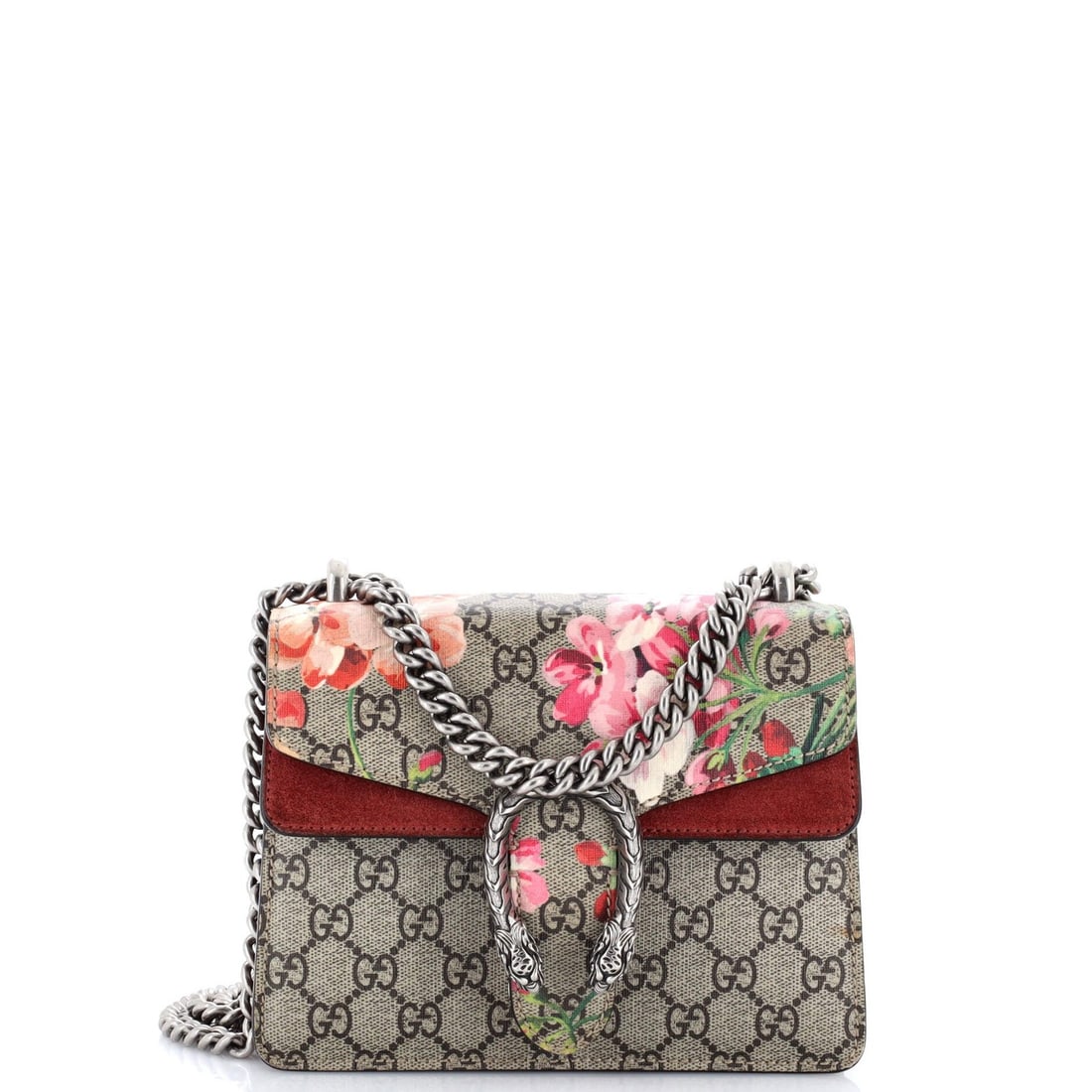 Print Blooms Bag Coated Dionysus Mini Canvas Gucci GG: Print Blooms Bag Coated Dionysus Mini Canvas Gucci GG The Gucci Dionysus Mini Bag in Brown features a Blooms Print GG Coated Canvas exterior with a suede interior and aged silver hardware. This mini s