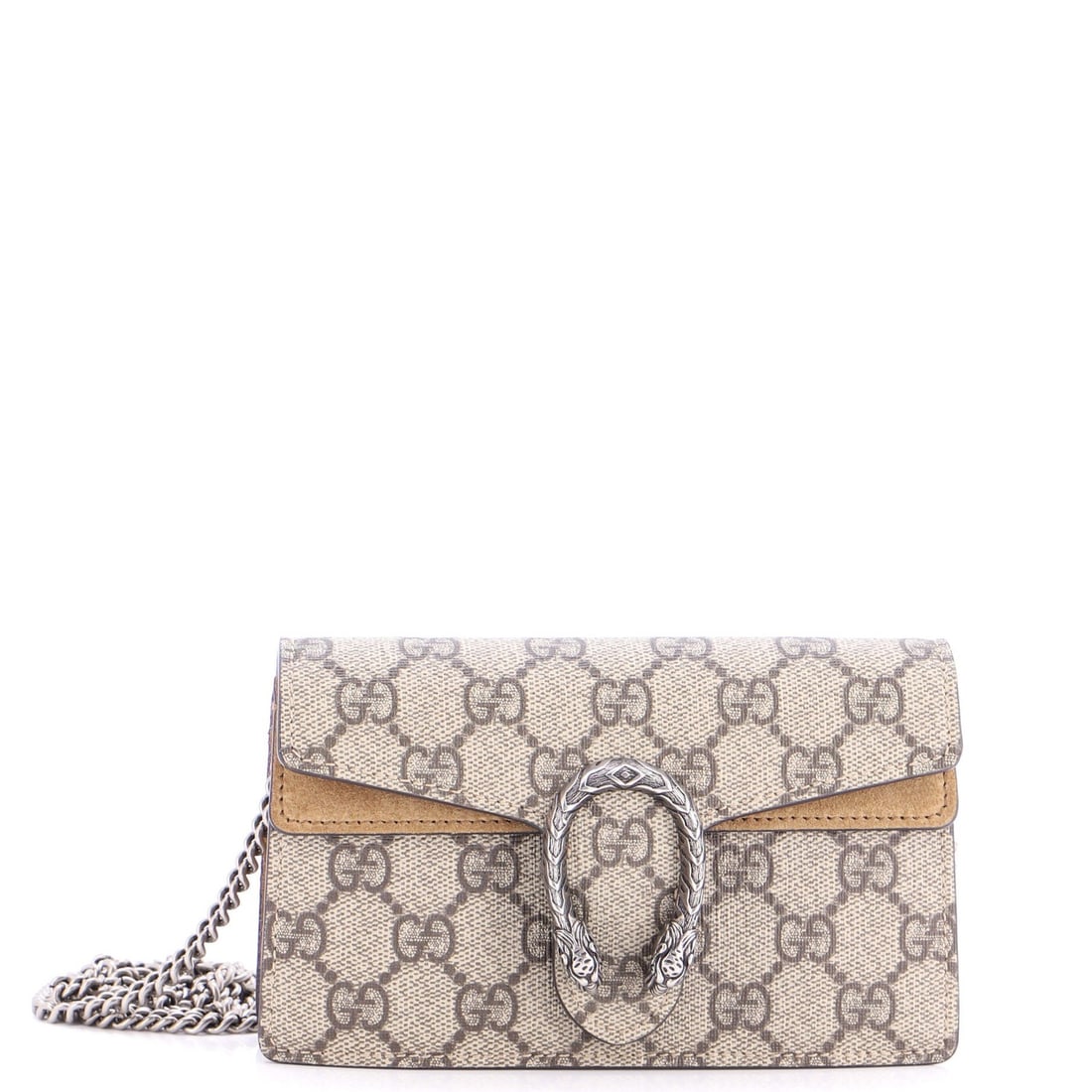 Coated Canvas Dionysus Super Mini GG Gucci Bag: Coated Canvas Dionysus Super Mini GG Gucci Bag This Gucci Coated Canvas Dionysus Super Mini GG Bag boasts a stylish cross body design with a rich brown exterior and neutral interior. Measuring just 4"