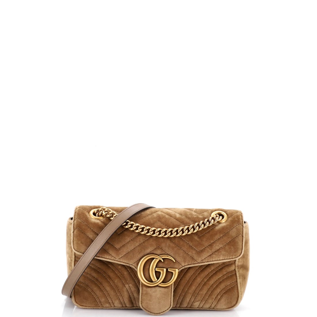 Gucci GG Flap Bag Matelasse Marmont Small Velvet: Gucci GG Flap Bag Matelasse Marmont Small Velvet Small Gucci GG Marmont Flap Bag Matelasse Velvet in Brown features a luxurious velvet exterior with scuffs and minor edge wear. The interior boasts