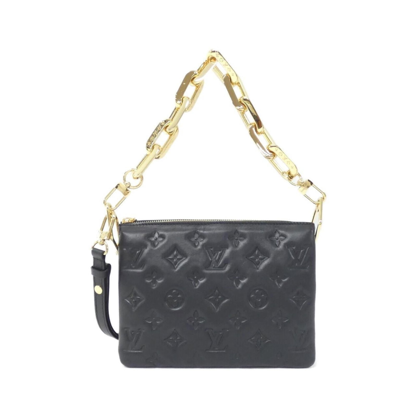 Louis Vuitton Shoulder Bag Leather: Louis Vuitton Shoulder Bag Leather The Louis Vuitton Shoulder Bag Leather is a sleek and sophisticated accessory in black lambskin leather. With its gold hardware accents and adjustable strap length, 