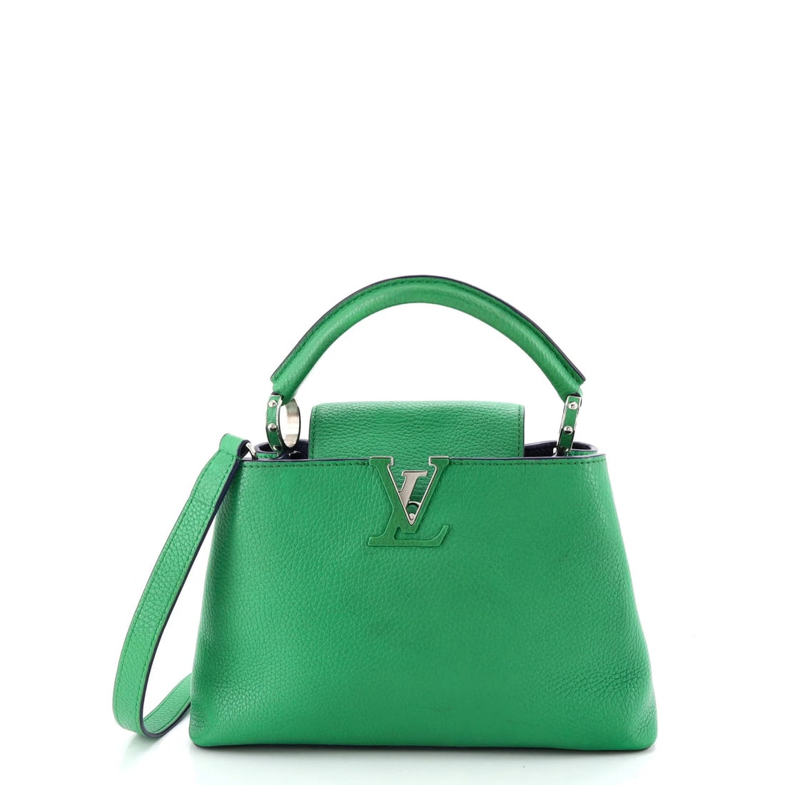 Strict Rules Use Only Words From Original Title: Strict Rules Use Only Words From Original Title Green leather exterior with blue interior, featuring silver hardware. The bag measures 7" tall, 10.5" wide, and 4" deep, with a handle drop of 2". Touch