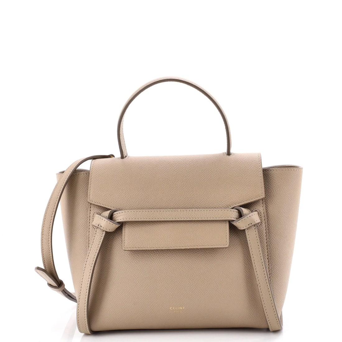 Textured leather belt bag nano: Textured leather belt bag nano The textured leather belt bag nano from Celine features a neutral exterior with minor scuffs and a suede interior. With its adjustable aged gold hardware and compact dim