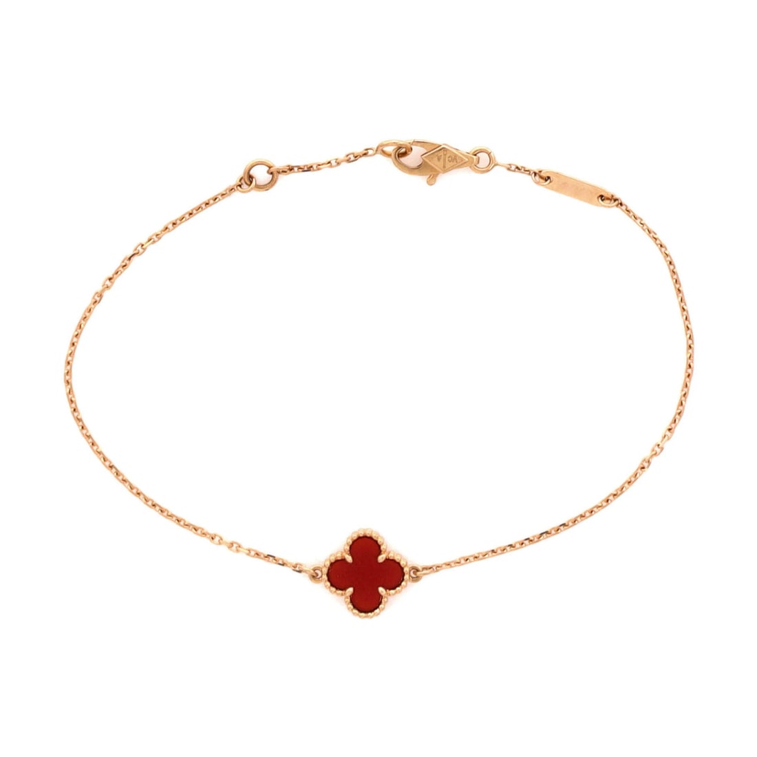 Sweet Alhambra 18K Rose Gold Carnelian Bracelet by Van Cleef: Sweet Alhambra 18K Rose Gold Carnelian Bracelet by Van Cleef 18K rose gold and vibrant carnelian come together in perfect harmony on this exquisite Sweet Alhambra bracelet. The delicate design showcas
