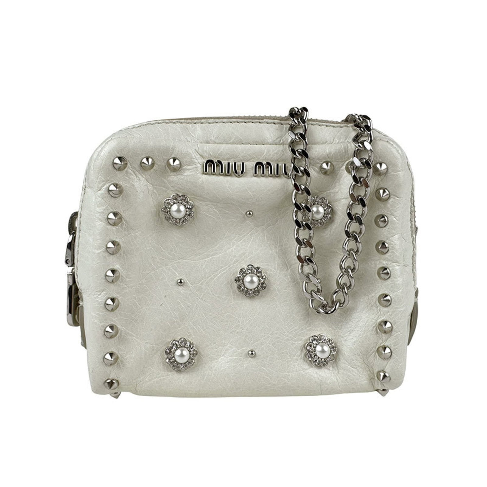 Miu Miu Shoulder Bag Leather: Miu Miu Shoulder Bag Leather This Miu Miu shoulder bag features high-quality leather in an off-white color. With its classic design and compact size, it's perfect for everyday use. The bag shows signs