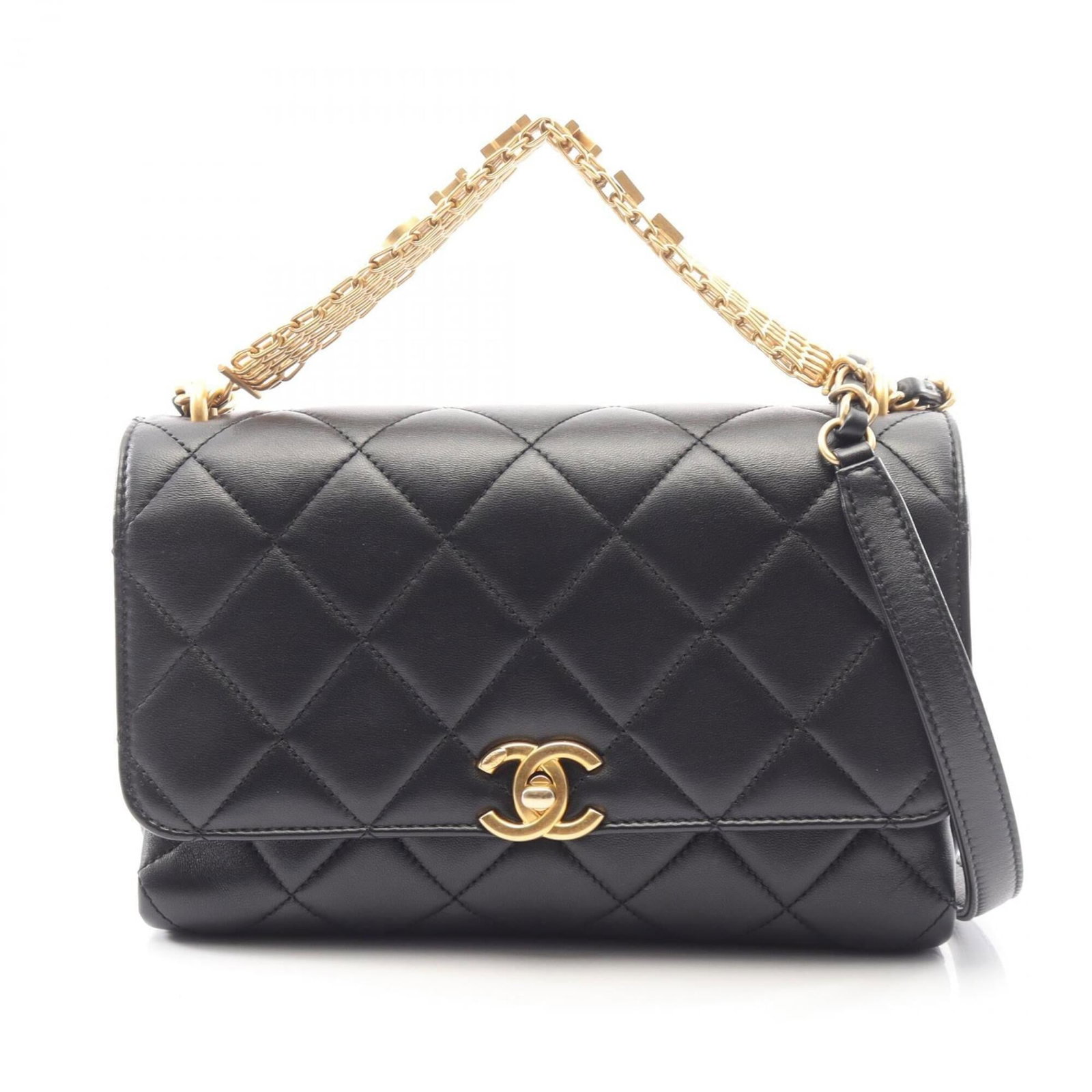 Chanel Handbag Shoulder Bag Leather: Chanel Handbag Shoulder Bag Leather Black lambskin Chanel shoulder bag with a classic design, featuring a few traces of usage and minor scratches. The leather has developed a subtle patina over time, 