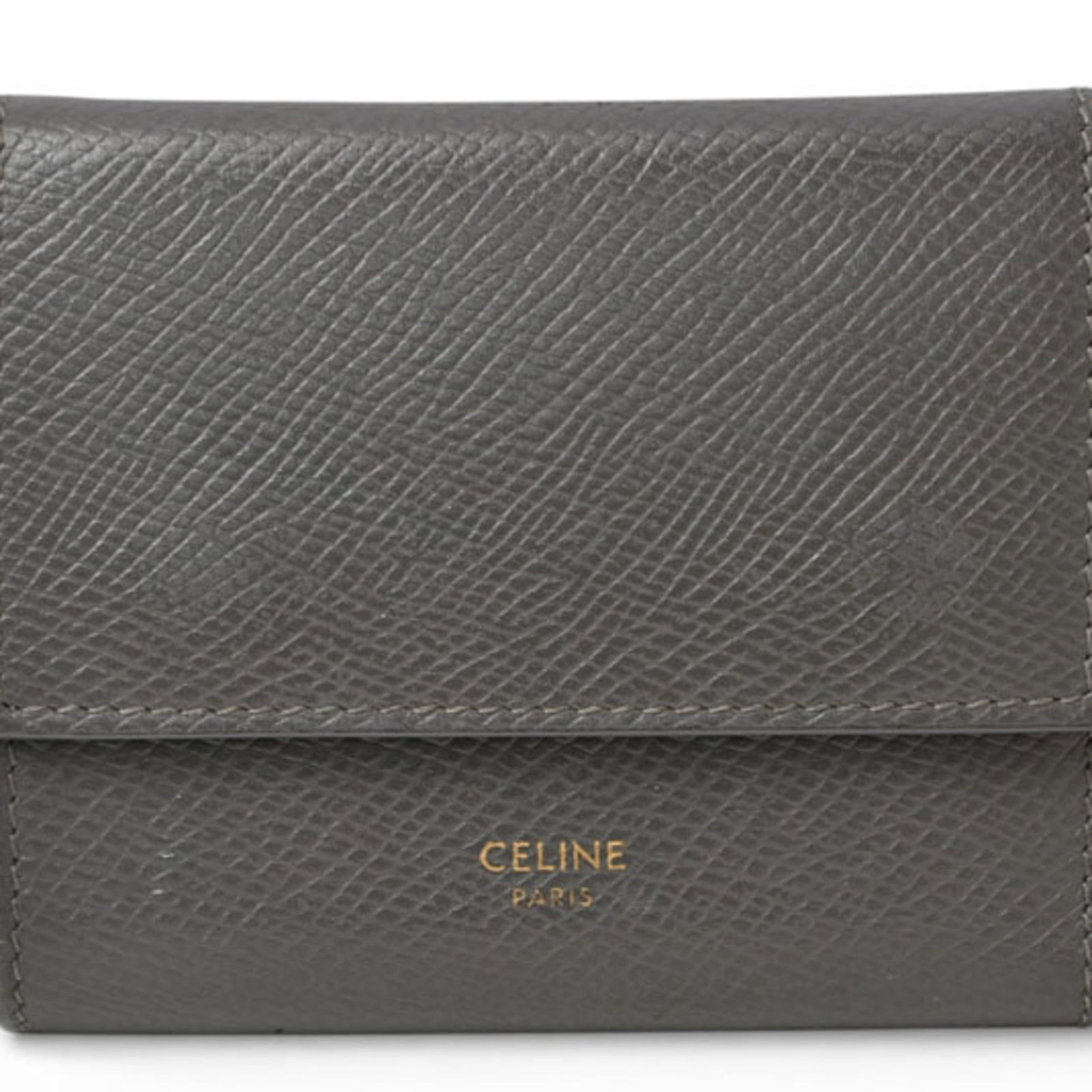 Celine Wallet (Tri-Fold) Leather: Celine Wallet (Tri-Fold) Leather The Celine wallet features a classic tri-fold design in high-quality gray leather. With its compact size and sturdy construction, this versatile accessory is perfect f