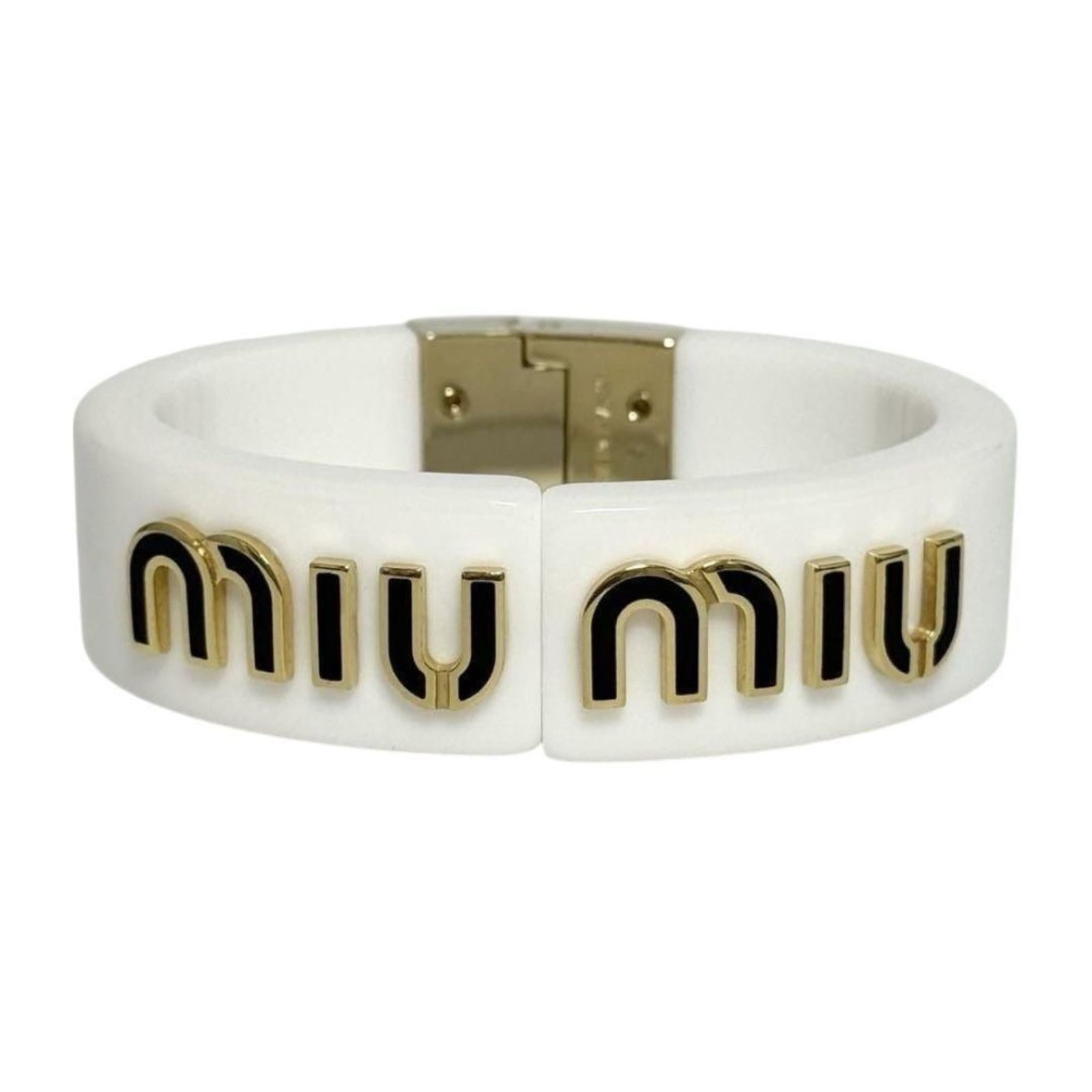 Miu Miu Bangle Metal: Miu Miu Bangle Metal This Miu Miu Bangle Metal features a sleek white metal design with a length of 16cm. The bangle has some minor scratches and dirt, giving it a few traces of usage, but overall