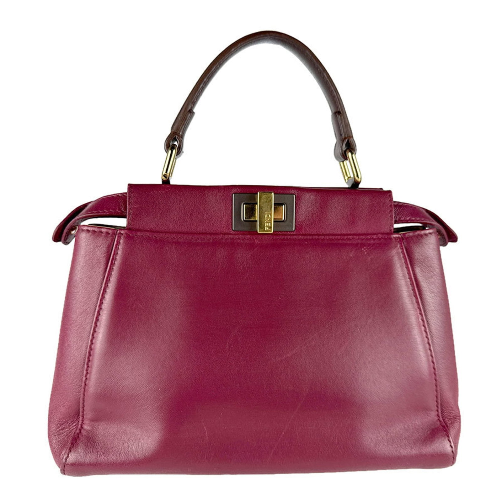 Fendi Handbag Shoulder Bag Leather: Fendi Handbag Shoulder Bag Leather Brown and wine Fendi leather shoulder bag with visible traces of usage. The bag has scratches and dirt, showing signs of general wear, but remains in good condition 