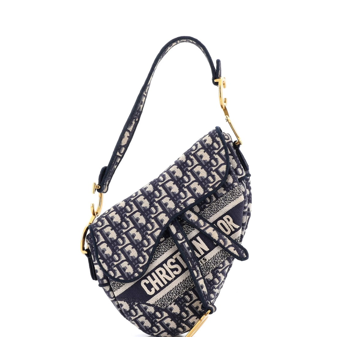 Logo embroidered handbag canvas medium saddle Christian oblique Dior: Logo embroidered handbag canvas medium saddle Christian oblique Dior The Christian Dior medium saddle oblique canvas handbag features a striking blue exterior with subtle scuffs and creases. A signatu
