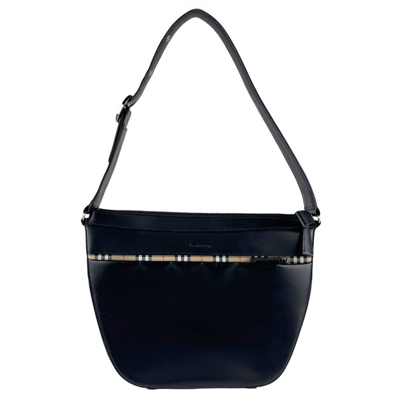 Burberry Shoulder Bag Leather: Burberry Shoulder Bag Leather This black leather Burberry shoulder bag features a classic design with clean lines and a timeless look. With its 20cm x 20cm x 9cm dimensions, it's perfect for carrying 