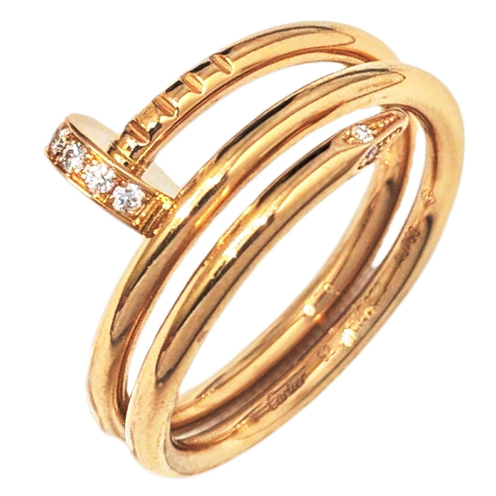 Cartier Band Ring Pink Gold (18K): Cartier Band Ring Pink Gold (18K) Cartier Band Ring Pink Gold (18K) features a pink gold band with diamond accents. The ring has been well-cared for and shows only minor signs of usage, including some