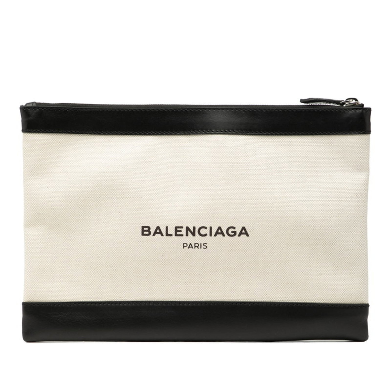 Balenciaga Clutch Bag Canvas Leather: Balenciaga Clutch Bag Canvas Leather Canvas and leather blend in this understated Balenciaga clutch bag, with a natural beige and black color palette. Measuring 23cm x 32cm x 1cm, its compact size mak