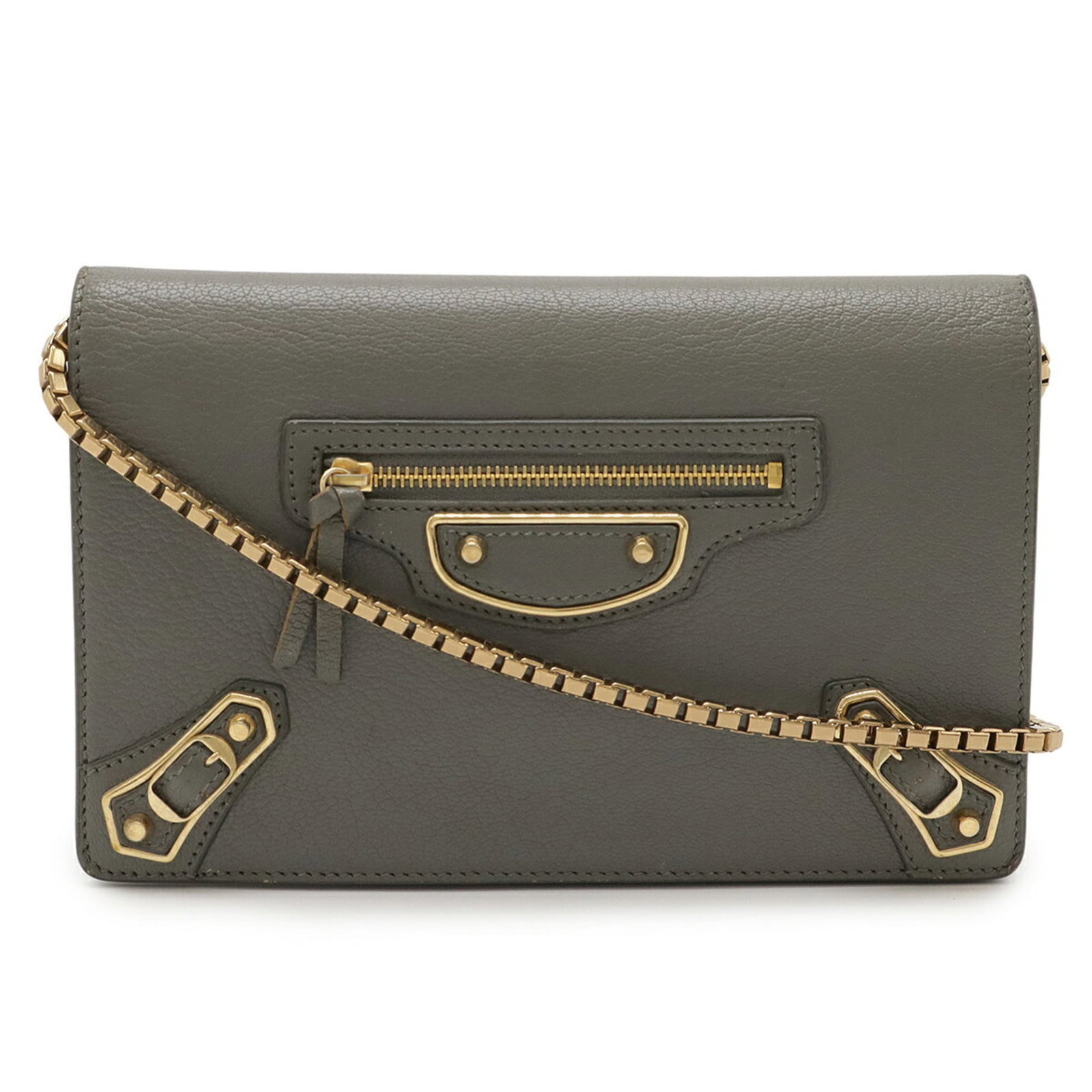 Balenciaga Pochette Shoulder Bag Leather: Balenciaga Pochette Shoulder Bag Leather The Balenciaga Pochette Shoulder Bag Leather features a gray leather exterior with visible traces of usage and minor scratches. This pre-owned shoulder bag mea
